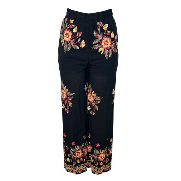 Liv Los Angeles Women’s Black Floral Embroidered Wide-Leg Pants Sz S - New - Picture 1 of 7